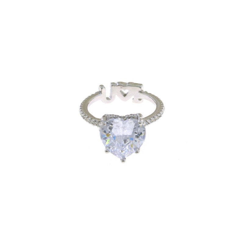 Anello con cuore di zircone bianco centrale e gambo con scritta "IloveU" zirconato bianco con cuore traforato liscio placcato or