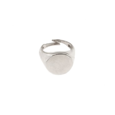 Pinky ring adjustable round shield white gold plated in 925 silver