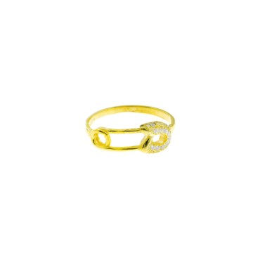 Ring with central safety pin half-circle white yellow gold plated in 925 silver (Size 12)
