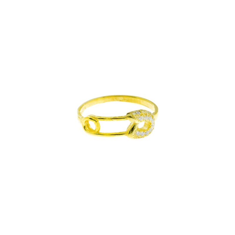 Ring with central safety pin half-circle white yellow gold plated in 925 silver (Size 12)