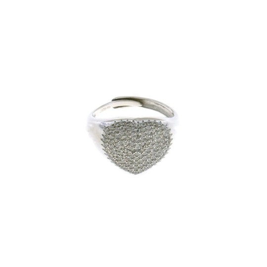 Anello regolabile a scudo cuore a pavè di zirconi bianchi placcato oro bianco in argento 925