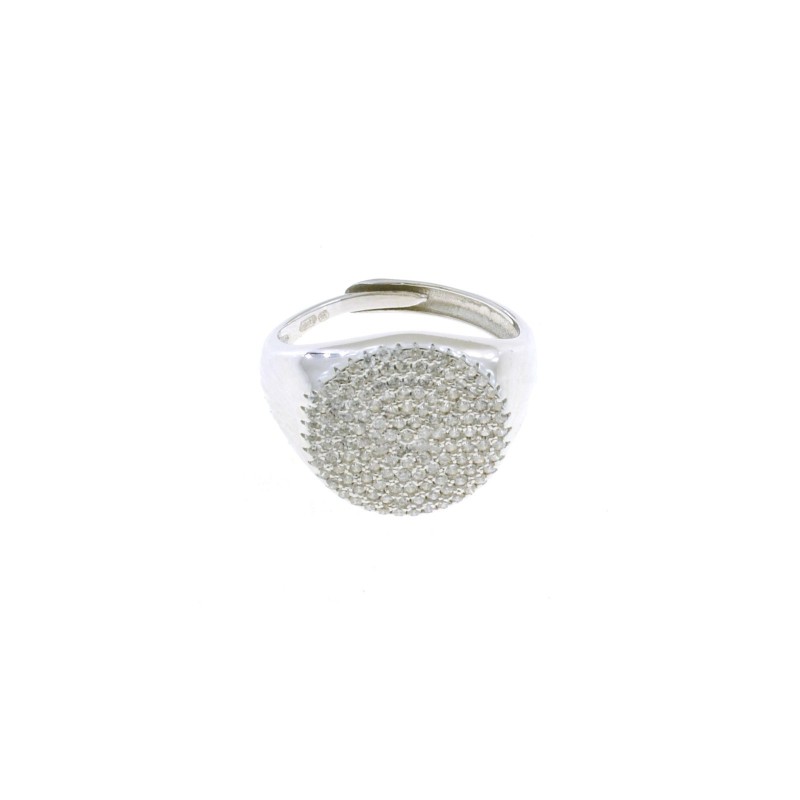 Adjustable round shield ring with white zircons pave white gold plated in 925 silver