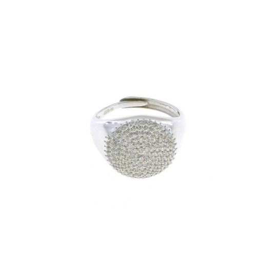 Anello regolabile a scudo tondo a pavè di zirconi bianchi placcato oro bianco in argento 925