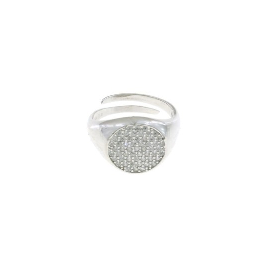 Anello regolabile a scudo tondo a pavè di zirconi bianchi placcato oro bianco in argento 925