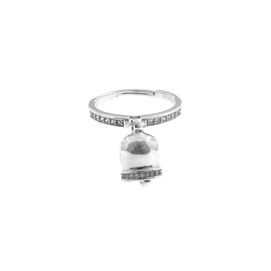 Anello regolabile semizirconato bianco con campanella pendente con bordo zirconato bianco placcato oro bianco in argento 925