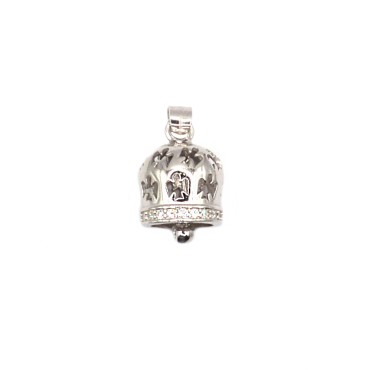 Openwork angel bell with edge of white zircons plated in white gold in 925 silver