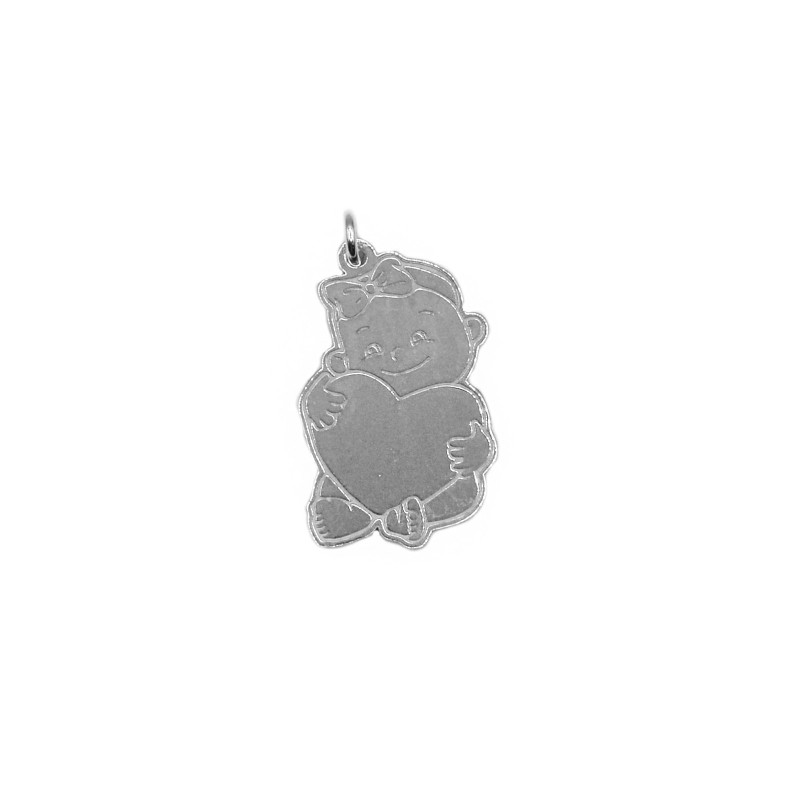 Girl plate pendant with engraved heart white gold plated in 925 silver