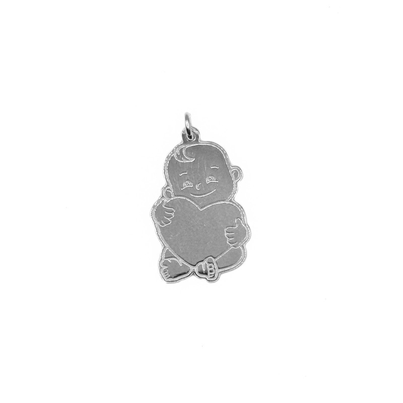 Baby slab pendant with engraved heart white gold plated in 925 silver