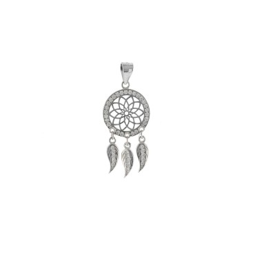 Openwork dream catcher pendant in white zircon frame, with white zircon pendant feathers and engraved white zircons white gold p