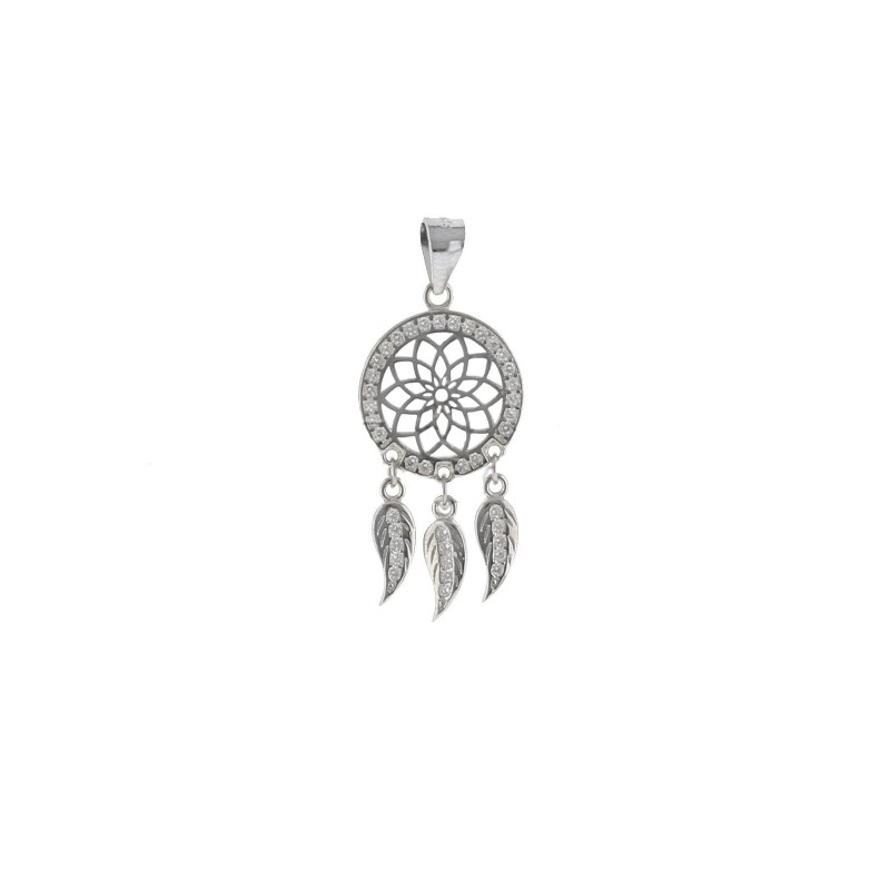 Openwork dream catcher pendant in white zircon frame, with white zircon pendant feathers and engraved white zircons white gold p