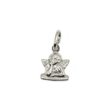 Paired and engraved white gold plated angel pendant in 925 white silver