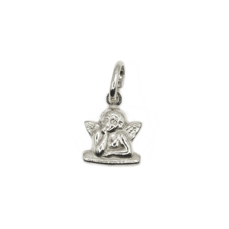 Paired and engraved white gold plated angel pendant in 925 white silver