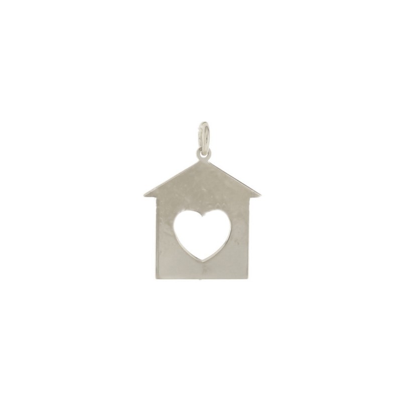 Plate house pendant with openwork heart in white gold plated 925 silver