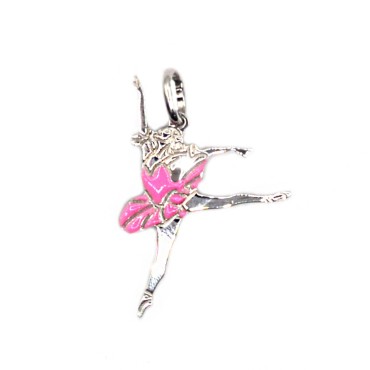 Pink enamelled engraved plate dancer pendant 23x32 mm white gold plated in 925 silver