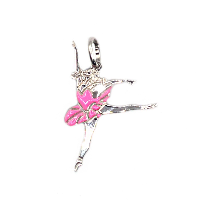 Ciondolo ballerina a lastra incisa smaltato rosa 23x32 mm placcato oro bianco in argento 925
