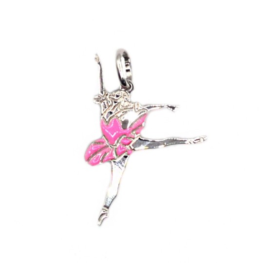 Ciondolo ballerina a lastra incisa smaltato rosa 23x32 mm placcato oro bianco in argento 925