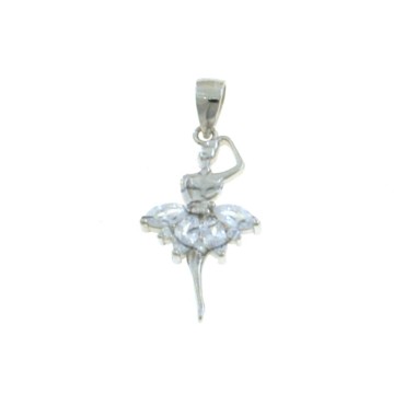 Ballerina pendant engraved with white zircon spool tutu white gold plated 925 silver