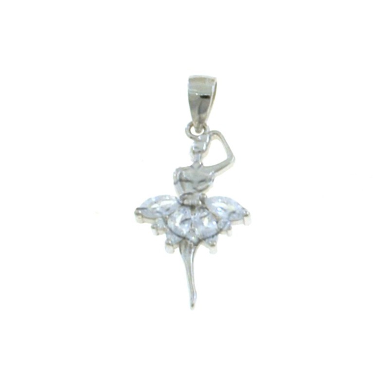 Ballerina pendant engraved with white zircon spool tutu white gold plated 925 silver