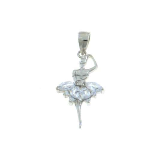 Ciondolo ballerina inciso con tutù di zirconi a spola bianchi placcato oro bianco in argento 925