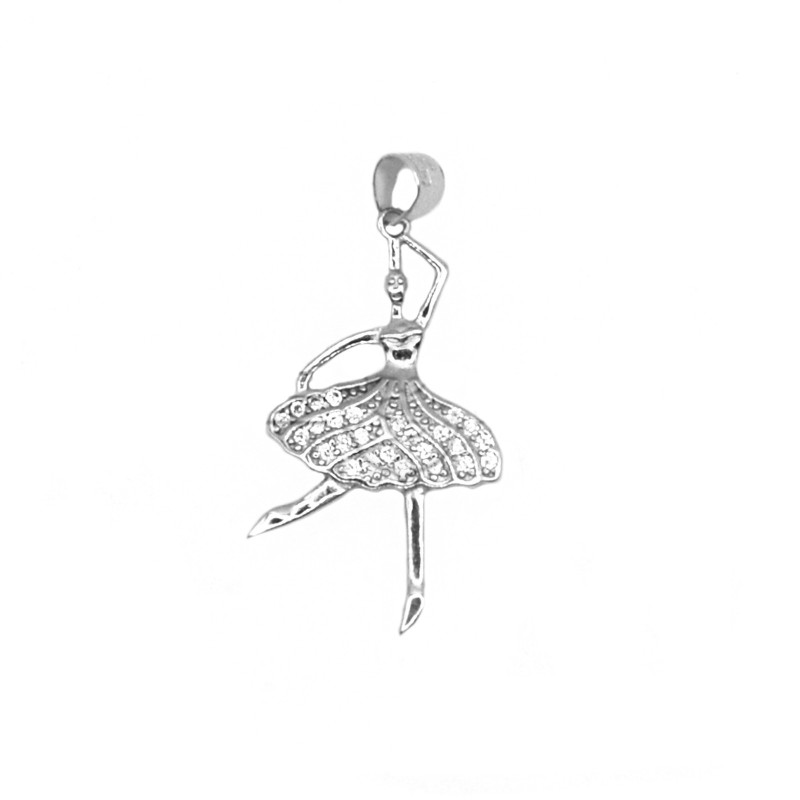 Ballerina pendant engraved with white zircon tutu white gold plated in 925 silver