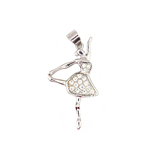 Ciondolo ballerina inciso con tutù di zirconi bianchi placcato oro bianco in argento 925