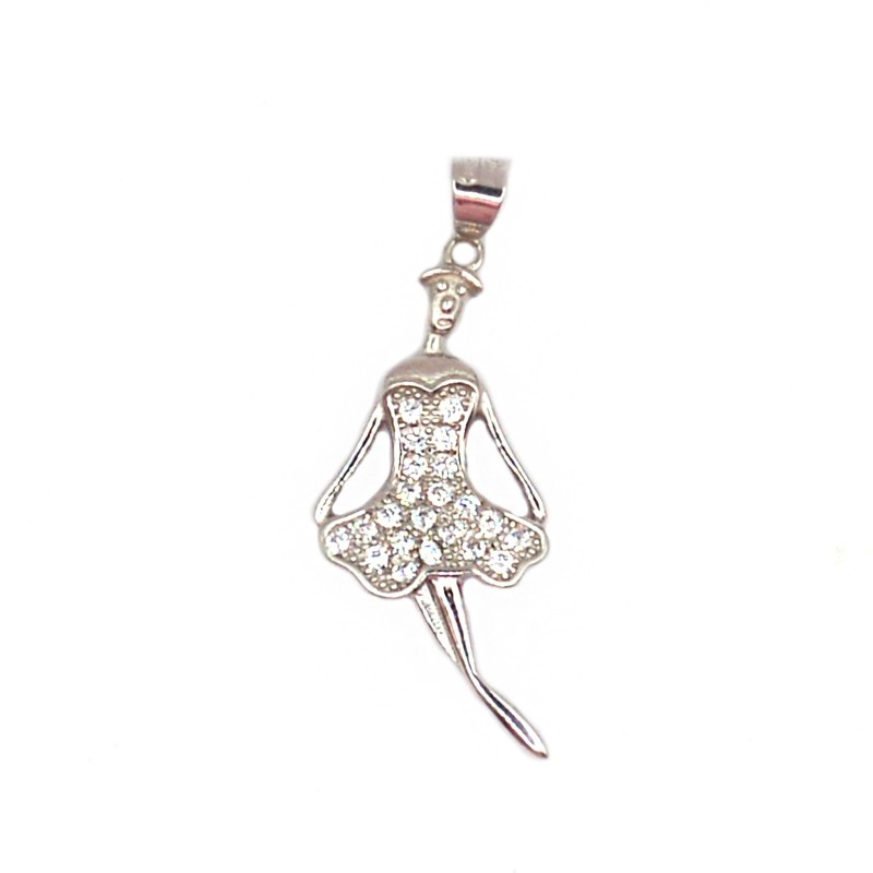Ciondolo ballerina inciso con vestito di zirconi bianchi placcato oro bianco in argento 925