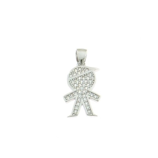 Child pendant 12x18 mm. white gold plated with white cubic zirconia pave in 925 silver