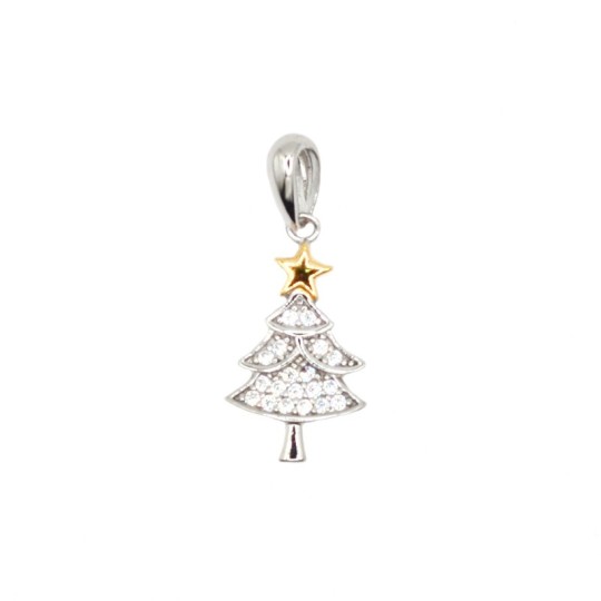 Ciondolo albero di natale zirconato bianco placcato oro bianco con stella placcato oro giallo in argento 925