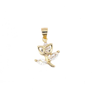 Micro-cast rose pendant with engraved leaves plated in yellow gold in 925 silver