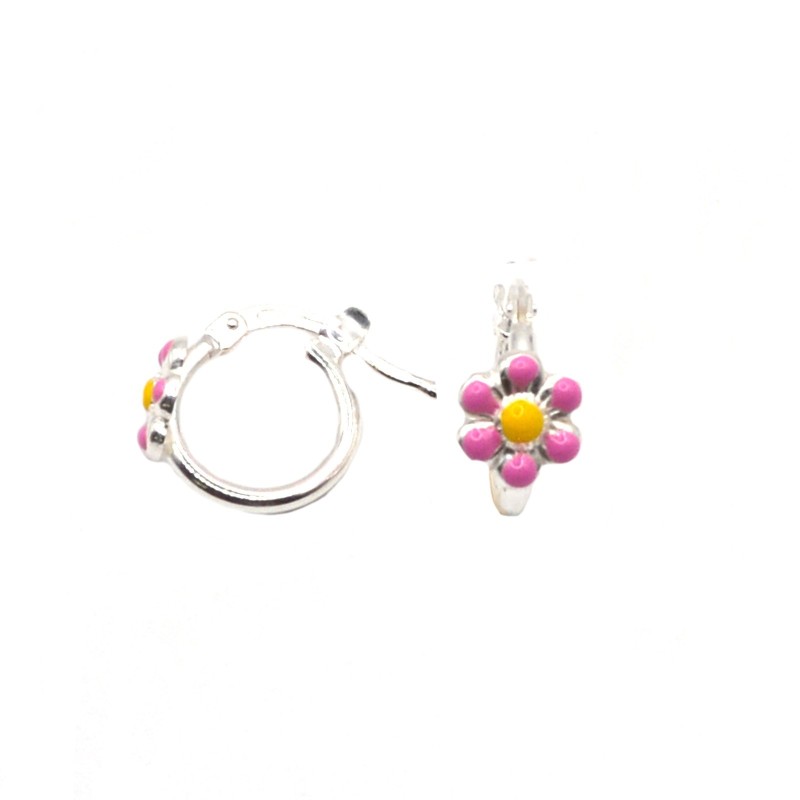 Tubular hoop earrings with pink enamel flower and 925 silver bridge closure