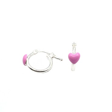 Tubular hoop earrings with pink enamel heart and 925 silver bridge closure