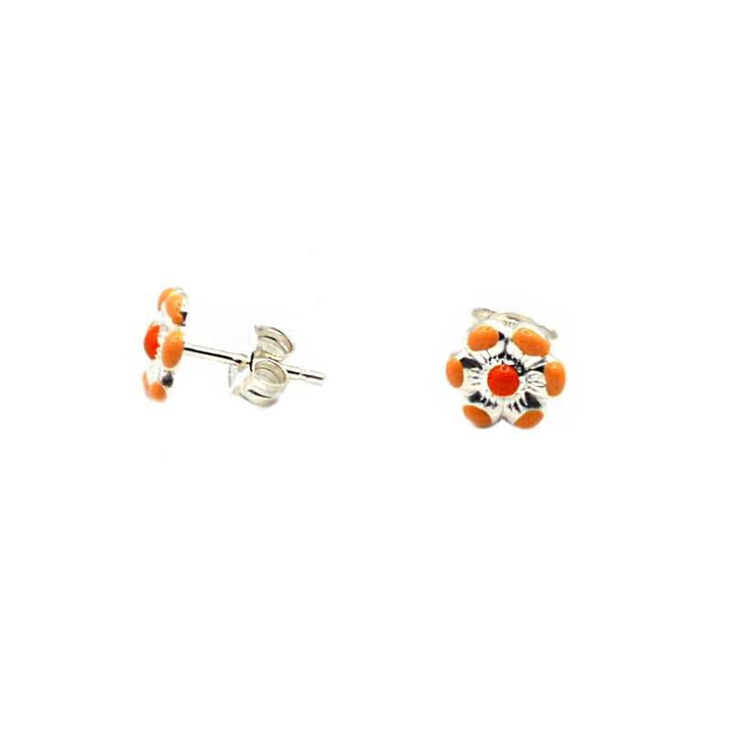 Orange enamelled flower stud earrings white gold plated in 925 silver