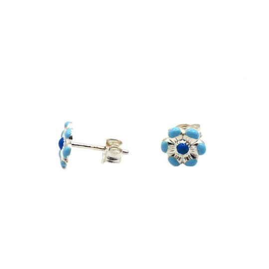 Orecchini a lobo fiore smaltato azzurro placcati oro bianco in argento 925