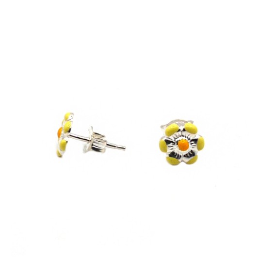 Orecchini a lobo fiore smaltato giallo placcati oro bianco in argento 925