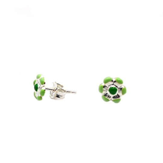 Orecchini a lobo fiore smaltato verde placcati oro bianco in argento 925