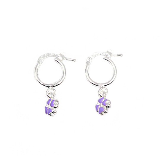 Orecchini a cerchio tubolare con chiusura a ponte e quadrifoglio pendente accoppiato smaltato viola in argento 925