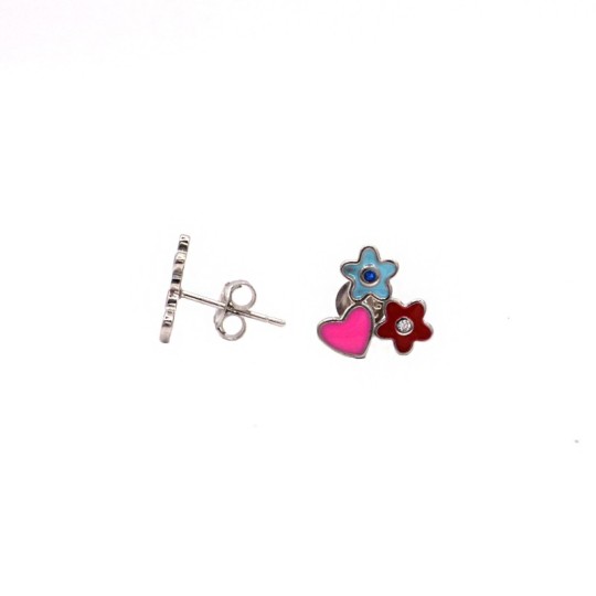 Orecchini a lobo cuore e fiori smaltati multicolor placcati oro bianco in argento 925