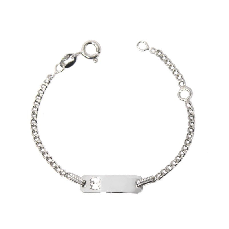 Bracciale grumetta con targa rettangolare e bimb traforata placcato oro bianco in argento 925