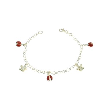 Giotto mesh bracelet with pendants coupled with enameled ladybugs alternating with butterflies engraved in 925 silver