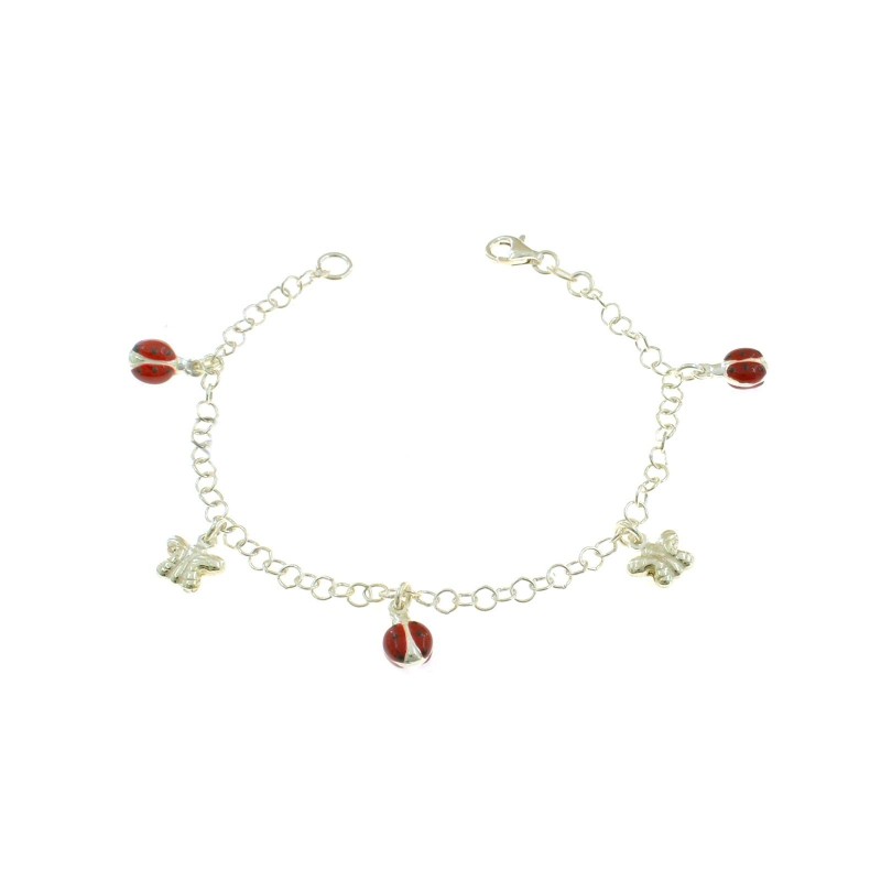 Bracciale maglia giotto con pendenti accoppiati coccinelle smaltate alternate a farfalle incise in argento 925