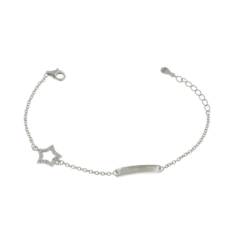 Bracciale maglia forzatina con targa centrale e sagoma stella laterale zirconata bianca placcato oro bianco in argento 925