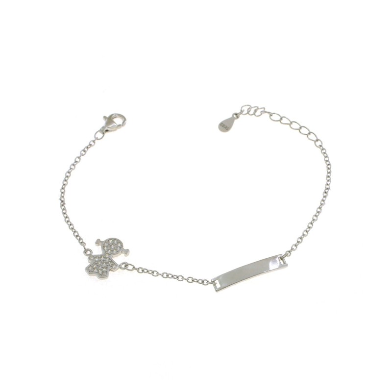 Bracciale maglia forzatina con targa centrale e bimba laterale a pavè di zirconi bianchi placcato oro bianco in argento 925