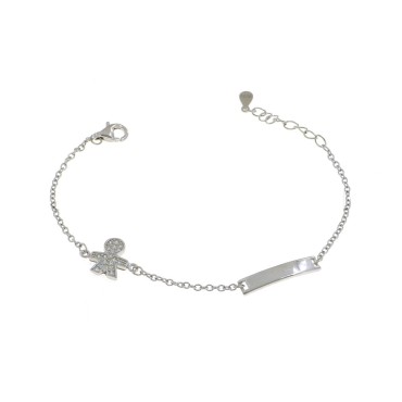 Forced mesh bracelet with central plate and side child in white zircons pave white gold plated in 925 silver