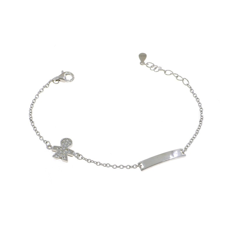 Bracciale maglia forzatina con targa centrale e bimbo laterale a pavè di zirconi bianchi placcato oro bianco in argento 925
