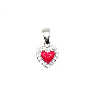 White enamel heart zircon pendant on white gold plated base with double row of white zircons frame in 925 silver