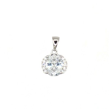 White Oval Zircon Pendant with White Zircon Surround White Gold Plated in 925 Silver