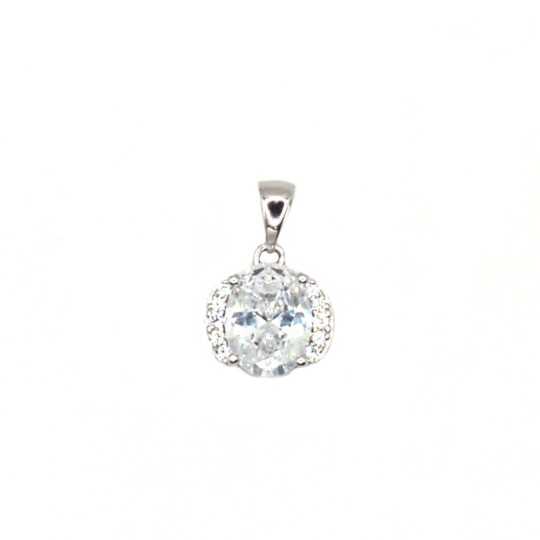 White Oval Zircon Pendant with White Zircon Surround White Gold Plated in 925 Silver