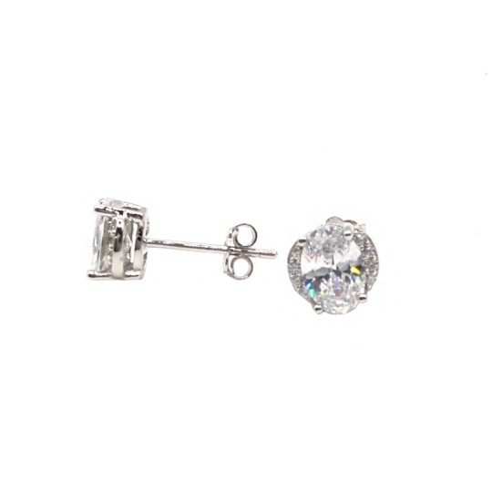 White Oval Zirconia Earrings with White Zirconia Surround White Gold Plated in 925 Silver