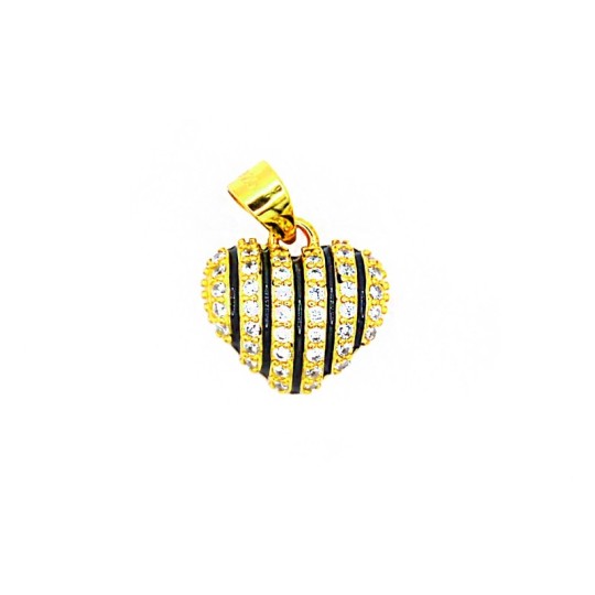 Ciondolo cuore bombato con righe smaltate nere e zirconate bianche placcato oro giallo in argento 925