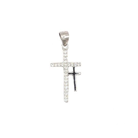 Ciondolo doppia croce saldata semi zirconata placcato oro bianco in argento 925